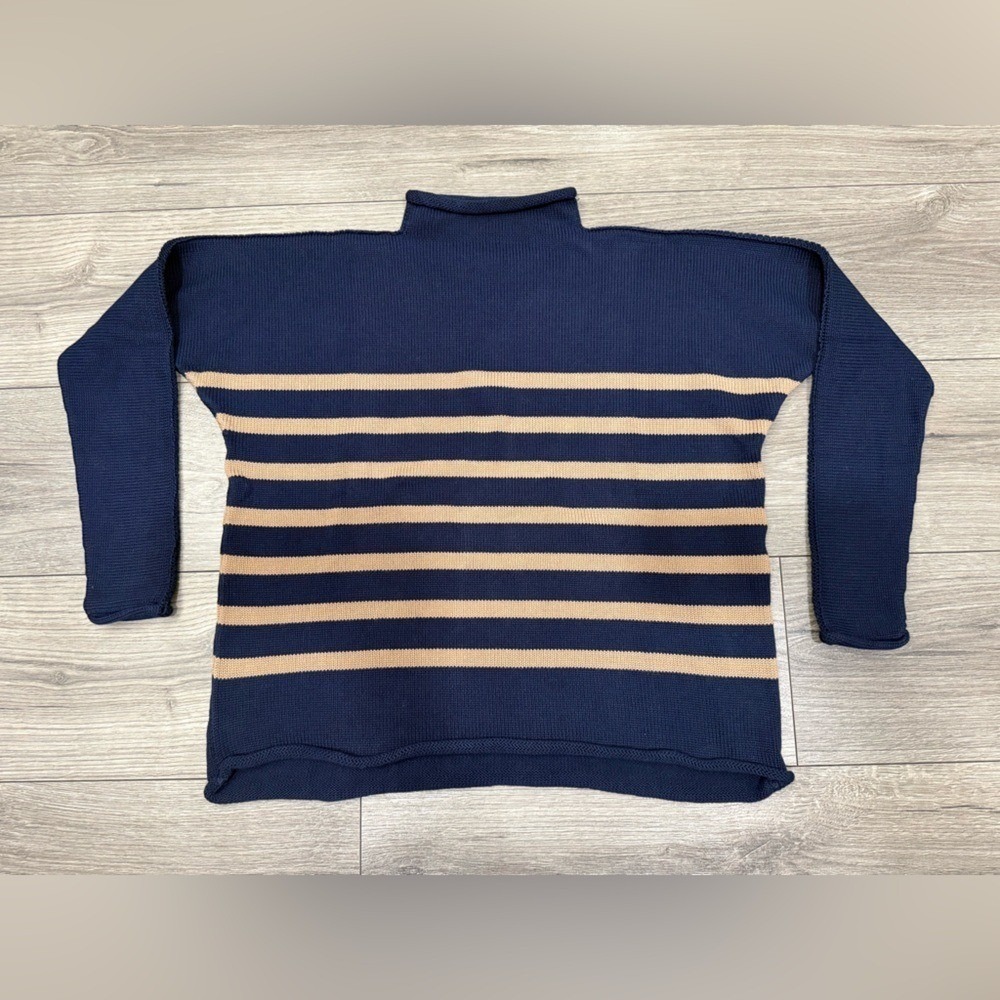 NEW Frank & Eileen Monterey Stripe Cotton Funnel Neck Sweater NAVY CAMEL STRIPE